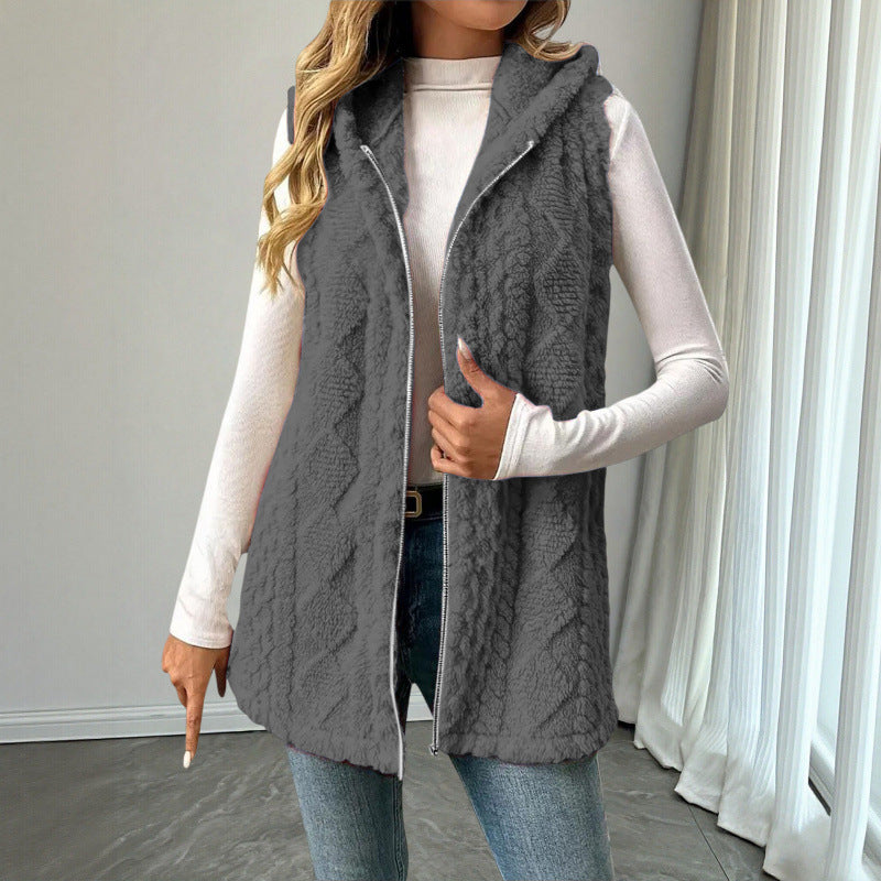 Women's Hooded Teddy Vest with Zipper and Structured Knit Look Mune Fashion