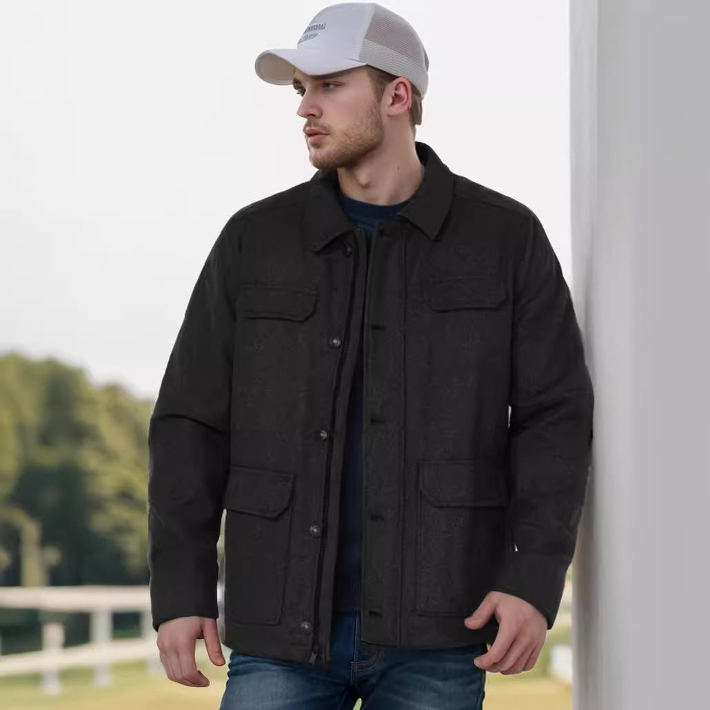 Men's Wool Field Jacket with Four Flap Pockets and Shirt Collar Mune Fashion