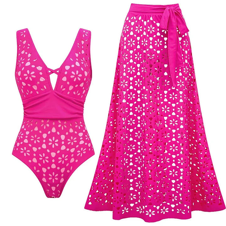Women's Swimsuit and Skirt with Floral Cutouts Mune Fashion