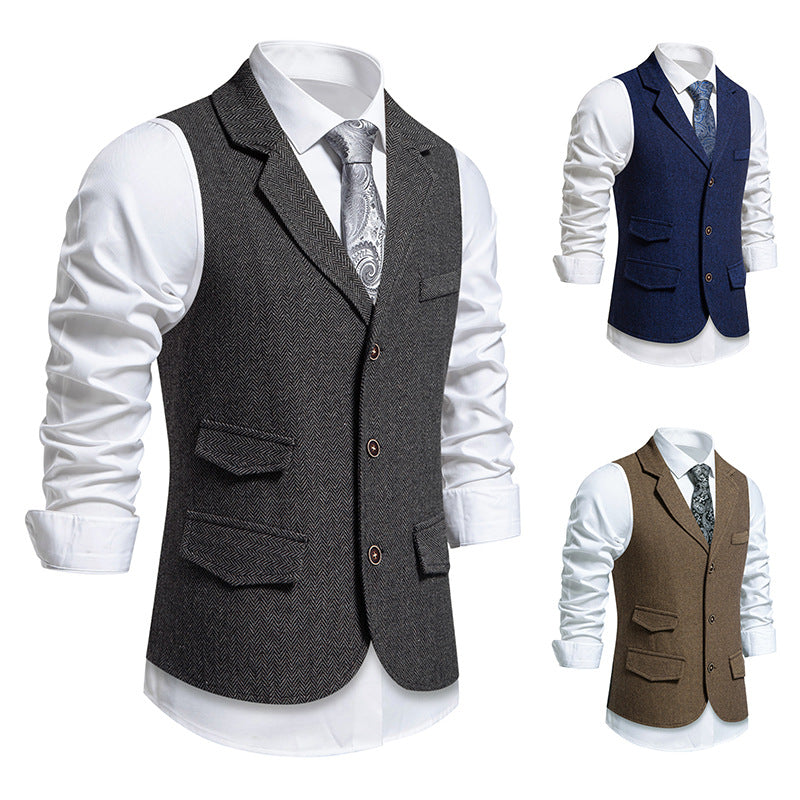 Men's tweed vest with herringbone structure, lapel collar and flap pockets Mune Fashion