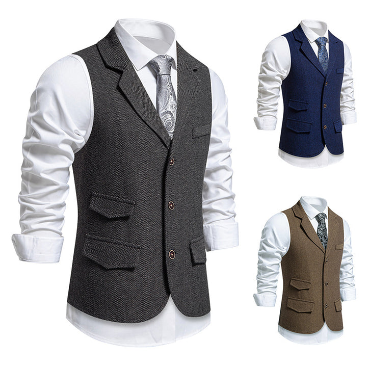 Men's tweed vest with herringbone structure, lapel collar and flap pockets Mune Fashion