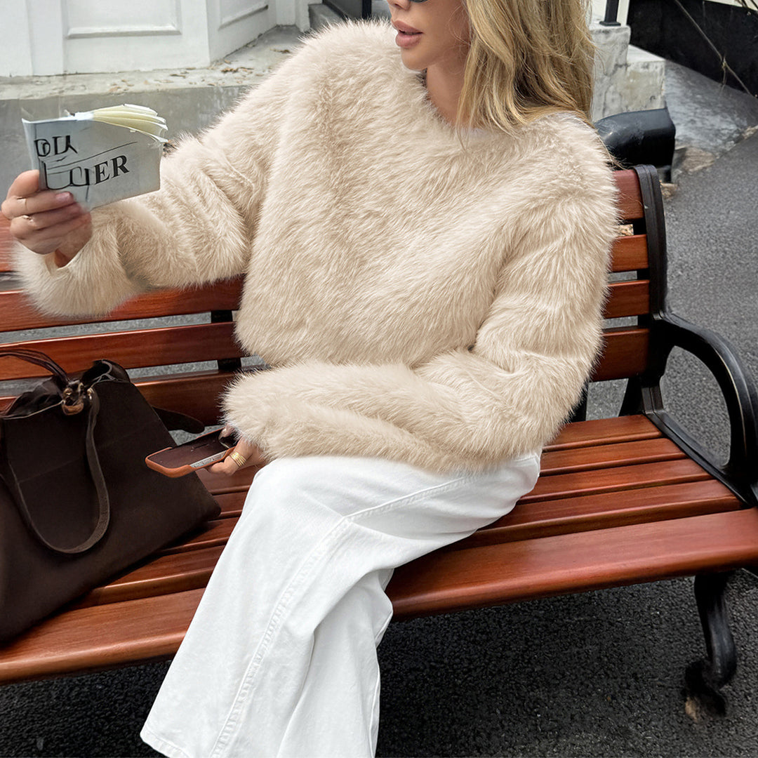 Women’s cozy Cropped Faux Fur Sweater with Bell Sleeves Mune Fashion