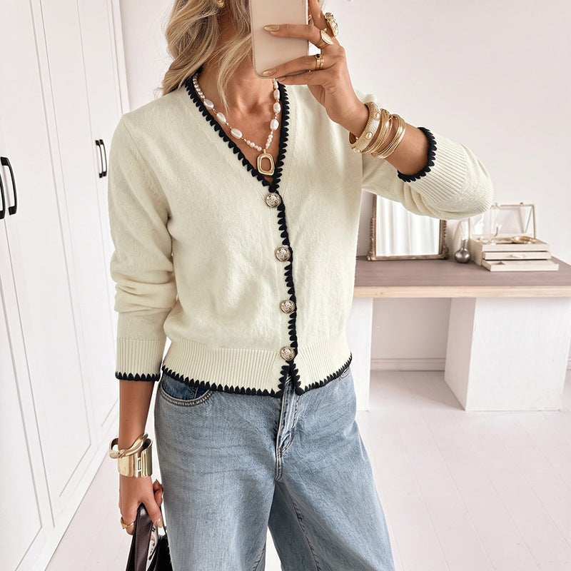 Women's Fine Knitted V-Neck Cardigan with Contrasting Decorative Edge and Decorative Buttons Mune Fashion