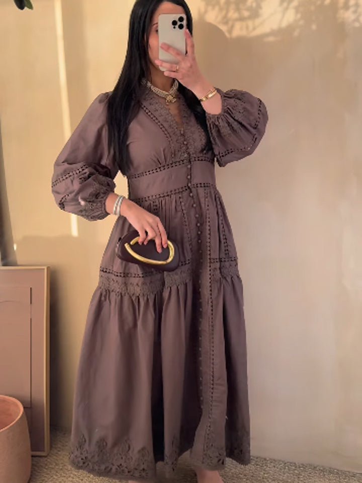 Women's maxi dress in boho style with lace inserts, button placket, and balloon sleeves Mune Fashion