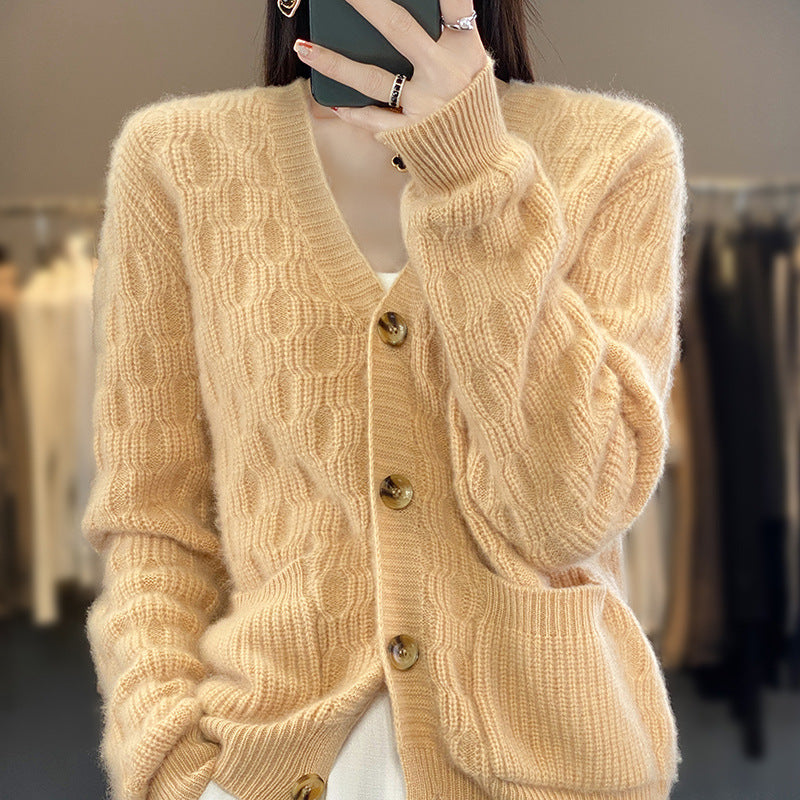 Women's Soft Angora-Look Cable Knit Cardigan with V-Neck and Patch Pockets Mune Fashion