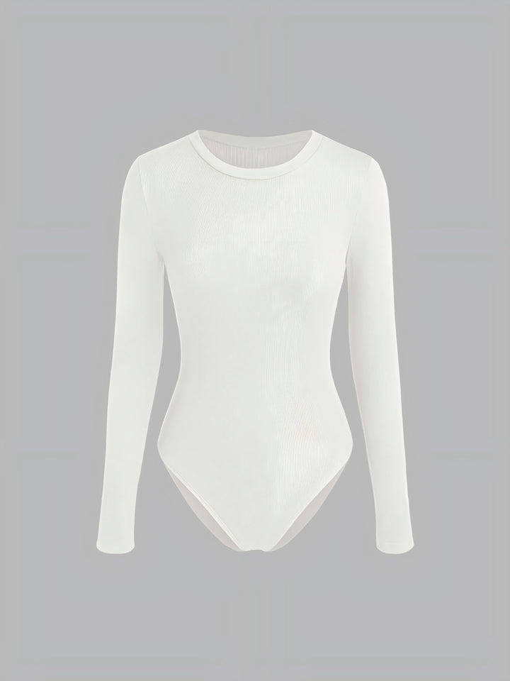 Women's Fitted Ribbed Long Sleeve Basic Shirt with Round Neckline and Stretch