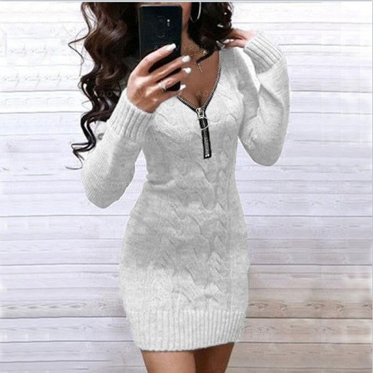 Ladies Knit Dress with Zipper and Cable Pattern Mune