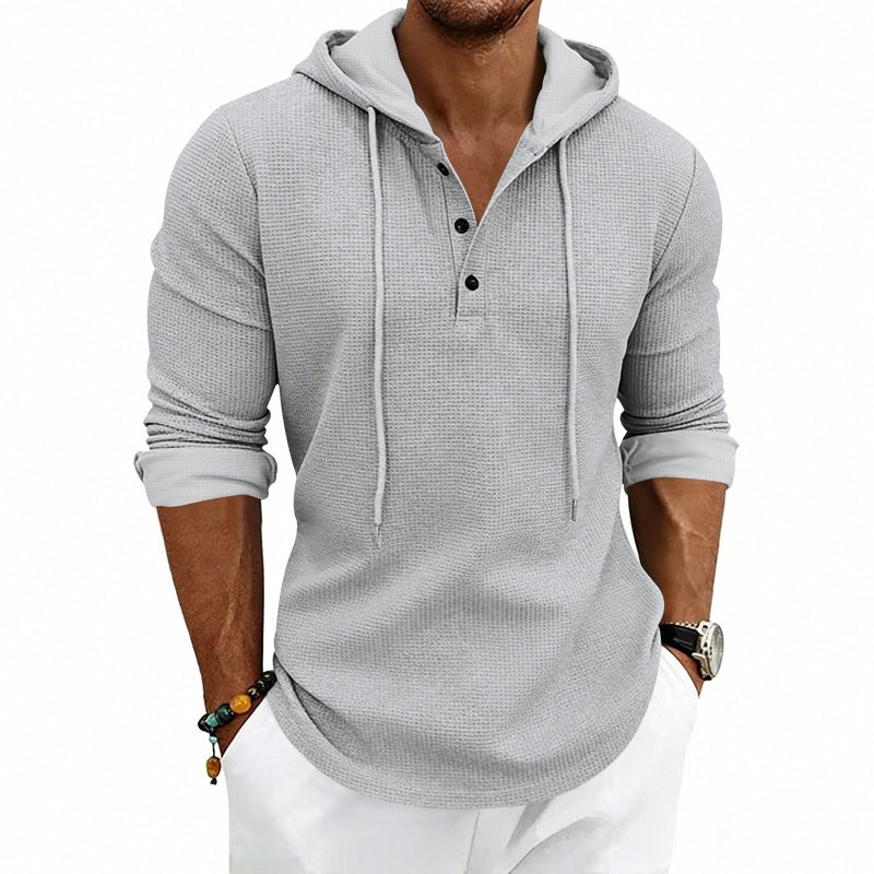 Men's Textured Hooded Long Sleeve Shirt with Button Placket and Waffle Texture Mune Fashion
