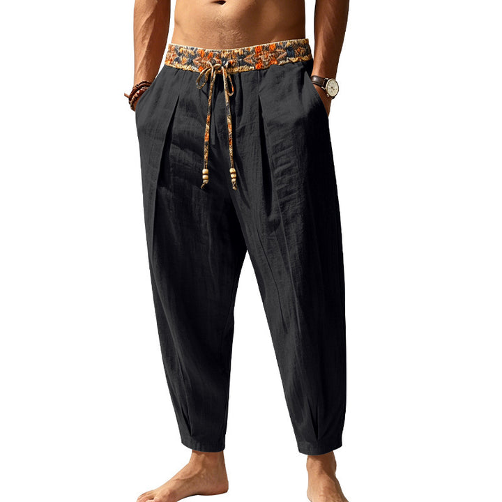Men's loosely cut harem pants made of linen mix with patterned drawstring Mune Fashion