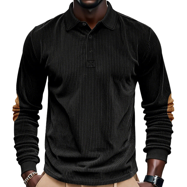 Men's ribbed long sleeve polo shirt with Henley placket and velour-like elbow patches Mune Fashion
