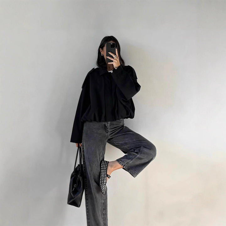 Women’s short jacket in oversized cut with balloon hem and shoulder flaps Drune