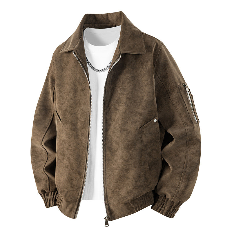 Men's Velour Leather Look Oversized Bomber Jacket with Utility Arm Pocket & Flap Pockets Mune Fashion
