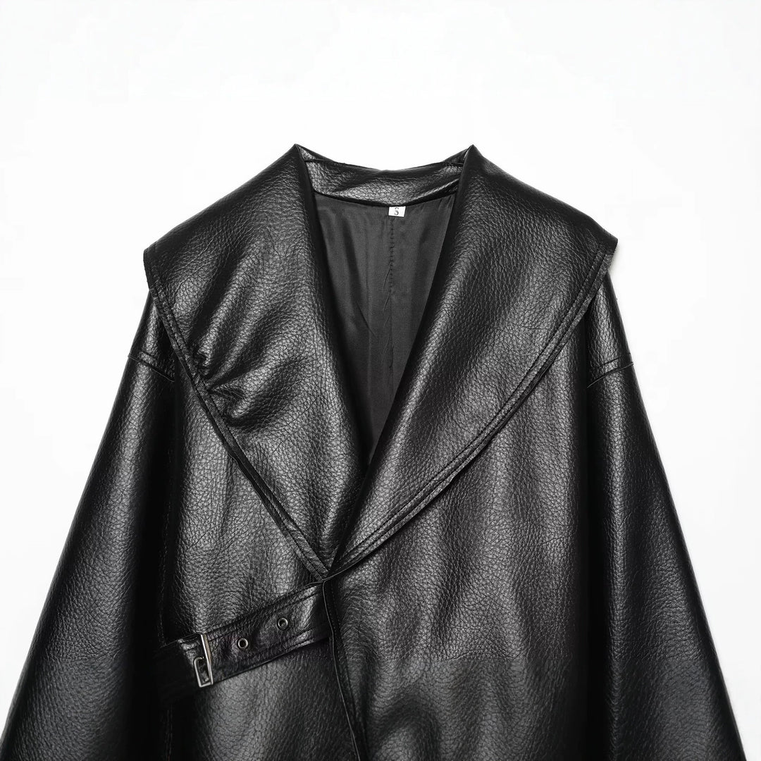 Women’s short jacket in leather look with large shawl collar, wrap belt and textured surface Drune