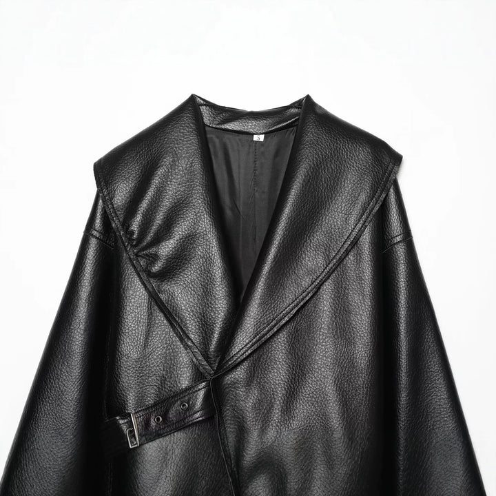 Women’s short jacket in leather look with large shawl collar, wrap belt and textured surface Drune