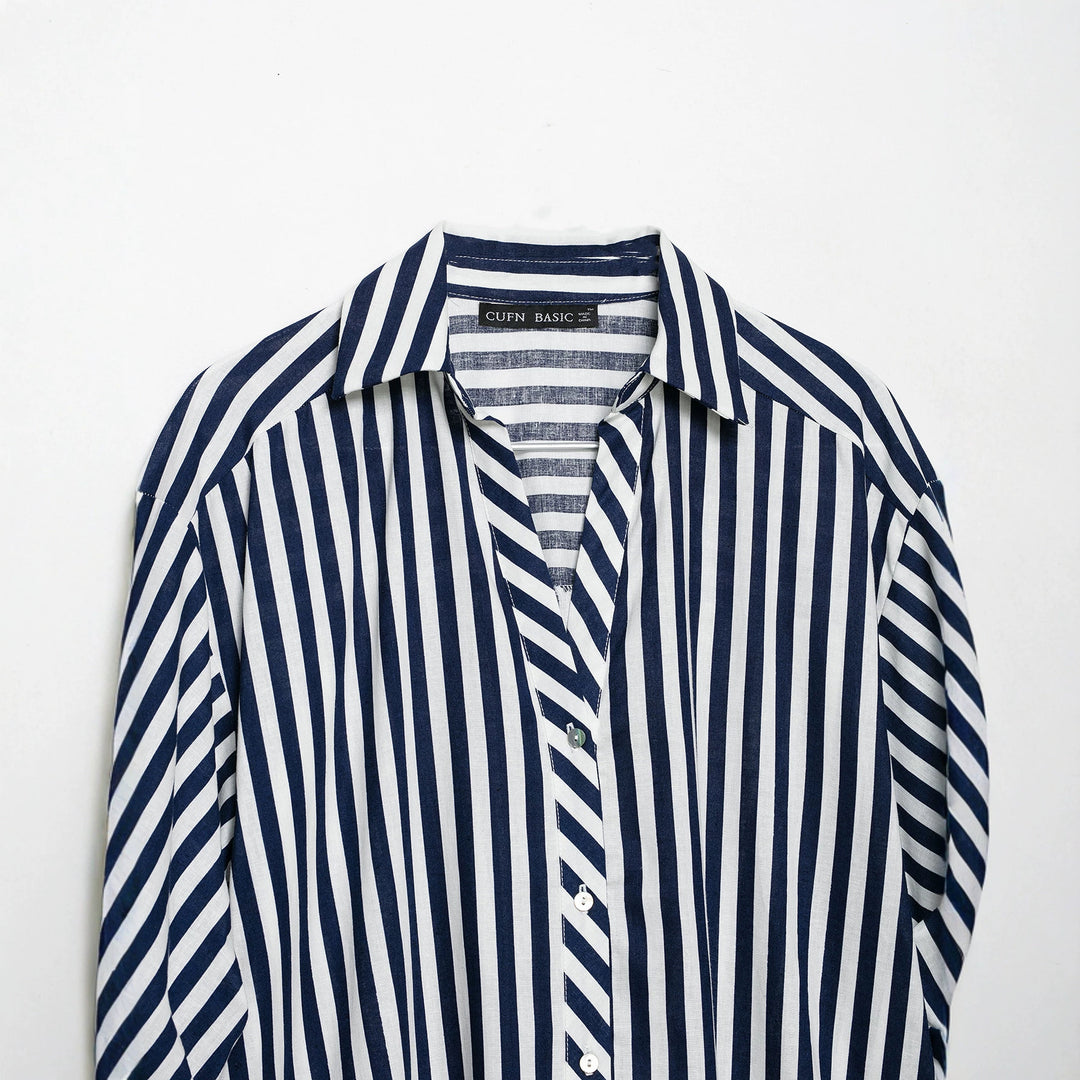 Women Oversized Shirt Blouse with Maritime Pinstripes and Three-Quarter Length Balloon Sleeves Mune Fashion