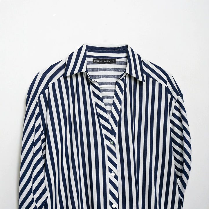 Women Oversized Shirt Blouse with Maritime Pinstripes and Three-Quarter Length Balloon Sleeves Mune Fashion