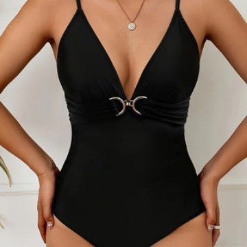 Women's one-piece swimsuit with elegant V-neckline and fashionable gathering element Mune Fashion