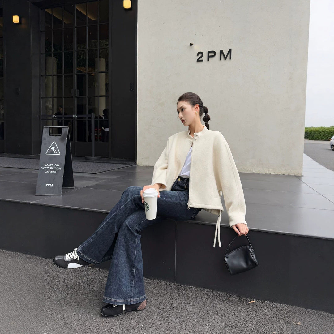 Women's short cut minimalist bomber jacket with stand-up collar Mune Fashion