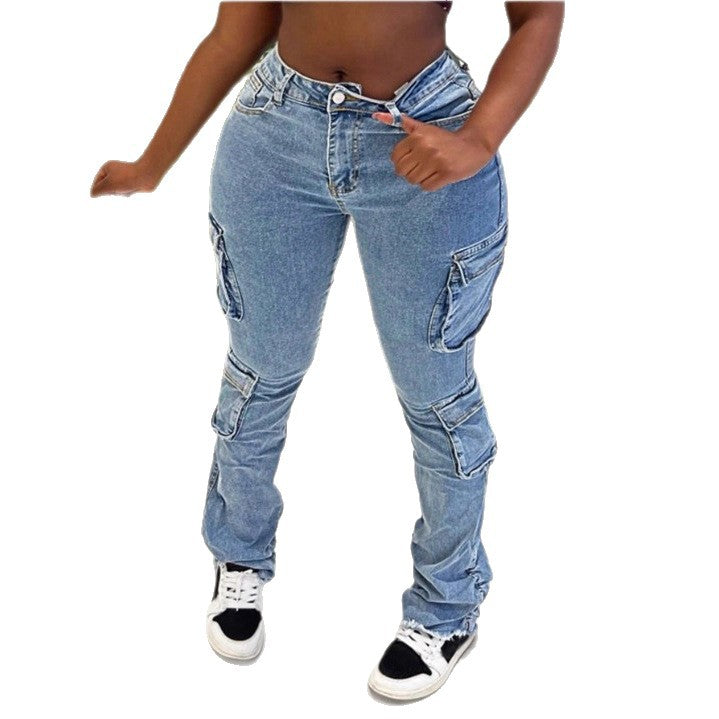 Women High-Cut Cargo Jeans with Multiple Flap Pockets and Frayed Hem Mune Fashion