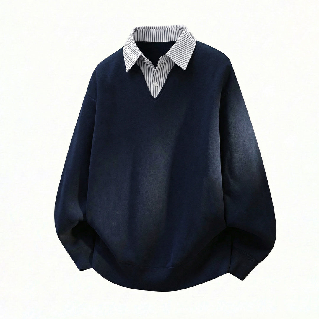 Unisex Oversized Sweater in Layered Look with Integrated Shirt Collar and V-Neck Mune Fashion