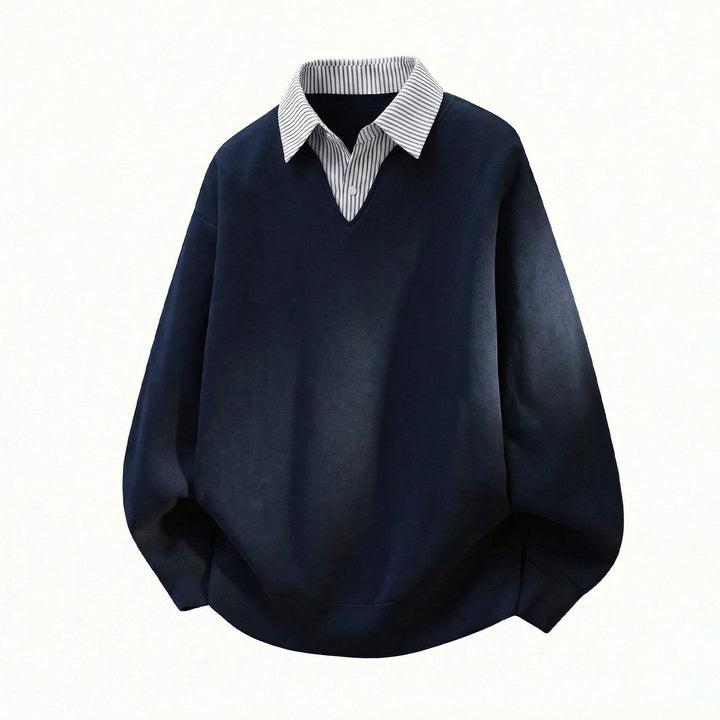 Unisex Oversized Sweater in Layered Look with Integrated Shirt Collar and V-Neck Mune Fashion
