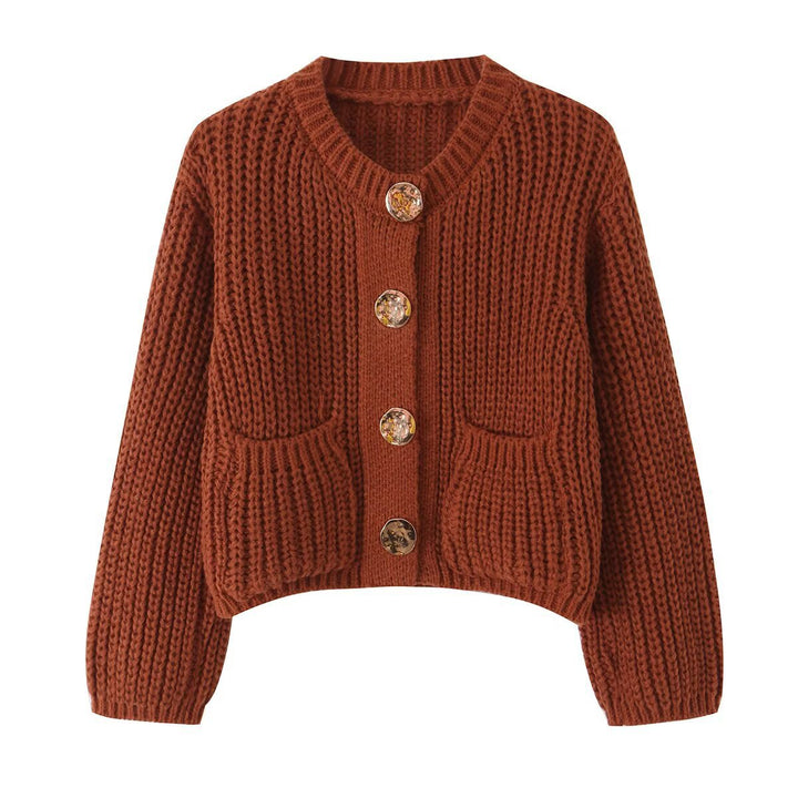 Women Chunky Knit Cropped Cardigan with Decorative Jewelry Buttons and Patch Pockets Mune Fashion