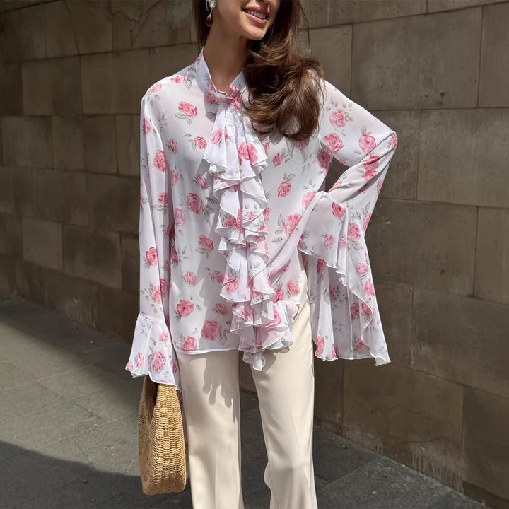 Women's chiffon blouse with rose print, ruffles and bell sleeves Mune Fashion