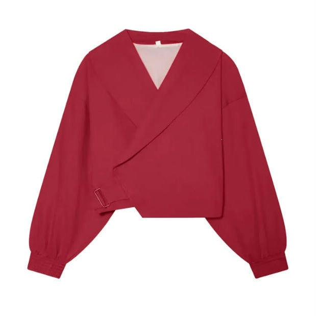 Ladies short-cut wrap blazer with balloon sleeves and waist belt Mune Fashion