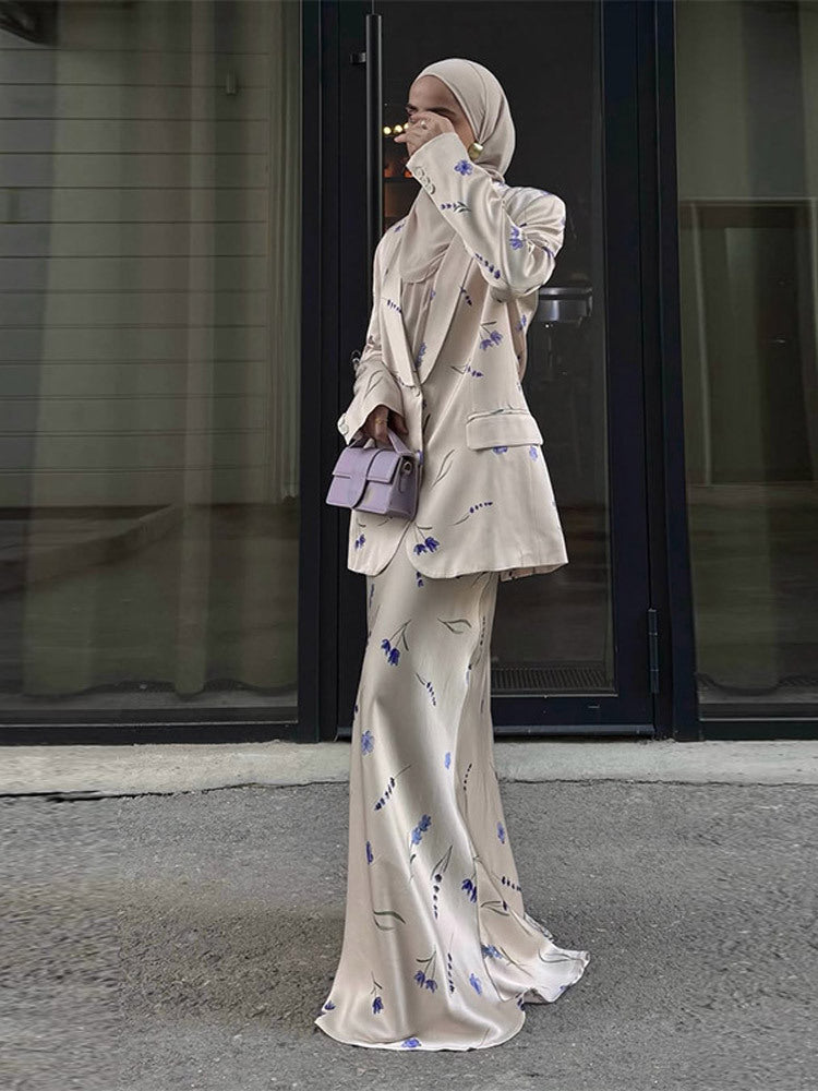 Women's Two-Piece Satin Suit with Floral Maxi Skirt and Oversized Blazer Mune Fashion
