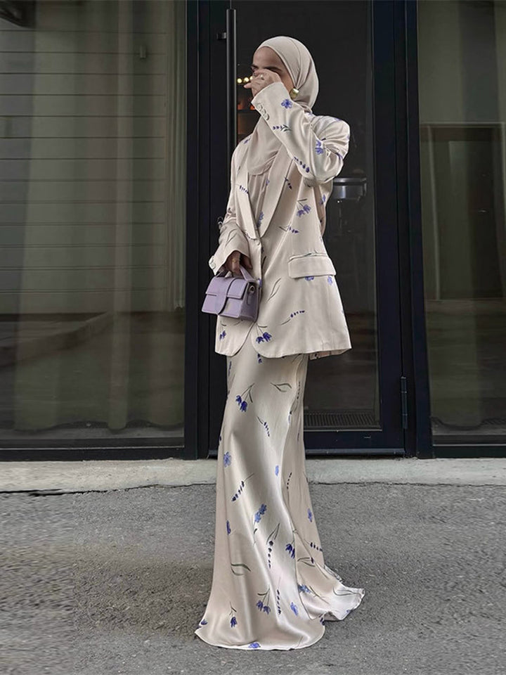Women's Two-Piece Satin Suit with Floral Maxi Skirt and Oversized Blazer Mune Fashion