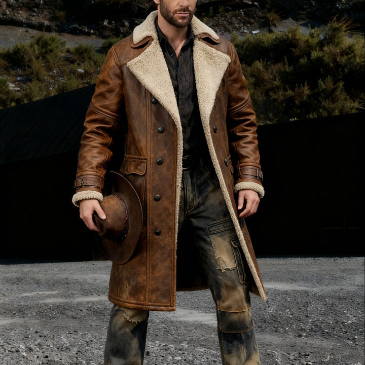 Men's Long Vintage Faux Leather Coat with Teddy Lining and Adjustable Buckle Cuffs Mune Fashion