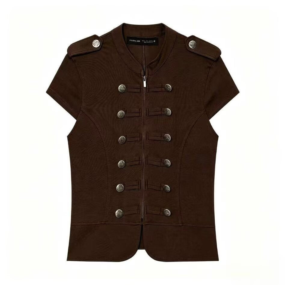 Women’s short-sleeved military-inspired vest with decorative straps and metal buttons Mune Fashion