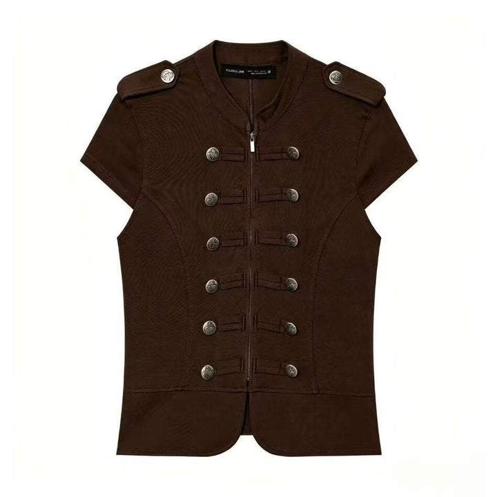 Women’s short-sleeved military-inspired vest with decorative straps and metal buttons Mune Fashion