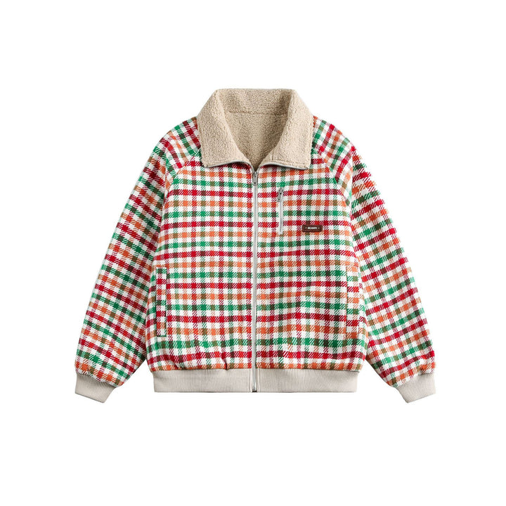 Women's Checkered Teddy Fleece Blouson in Boxy Cut with Stand Collar Mune Fashion