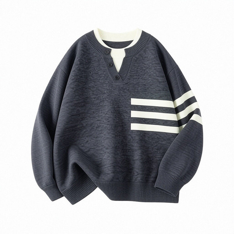Women's Sporty Oversized Sweater with Button Placket and Stripes Mune Fashion