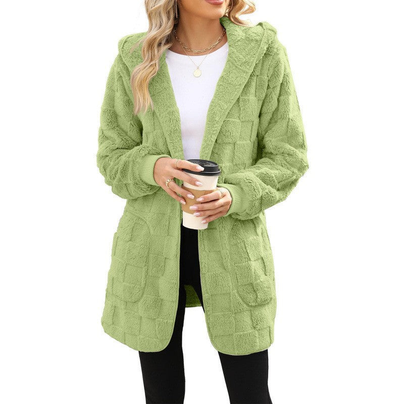 Women's cozy hooded long jacket made of teddy fleece with patch pockets and textured check pattern Mune Fashion