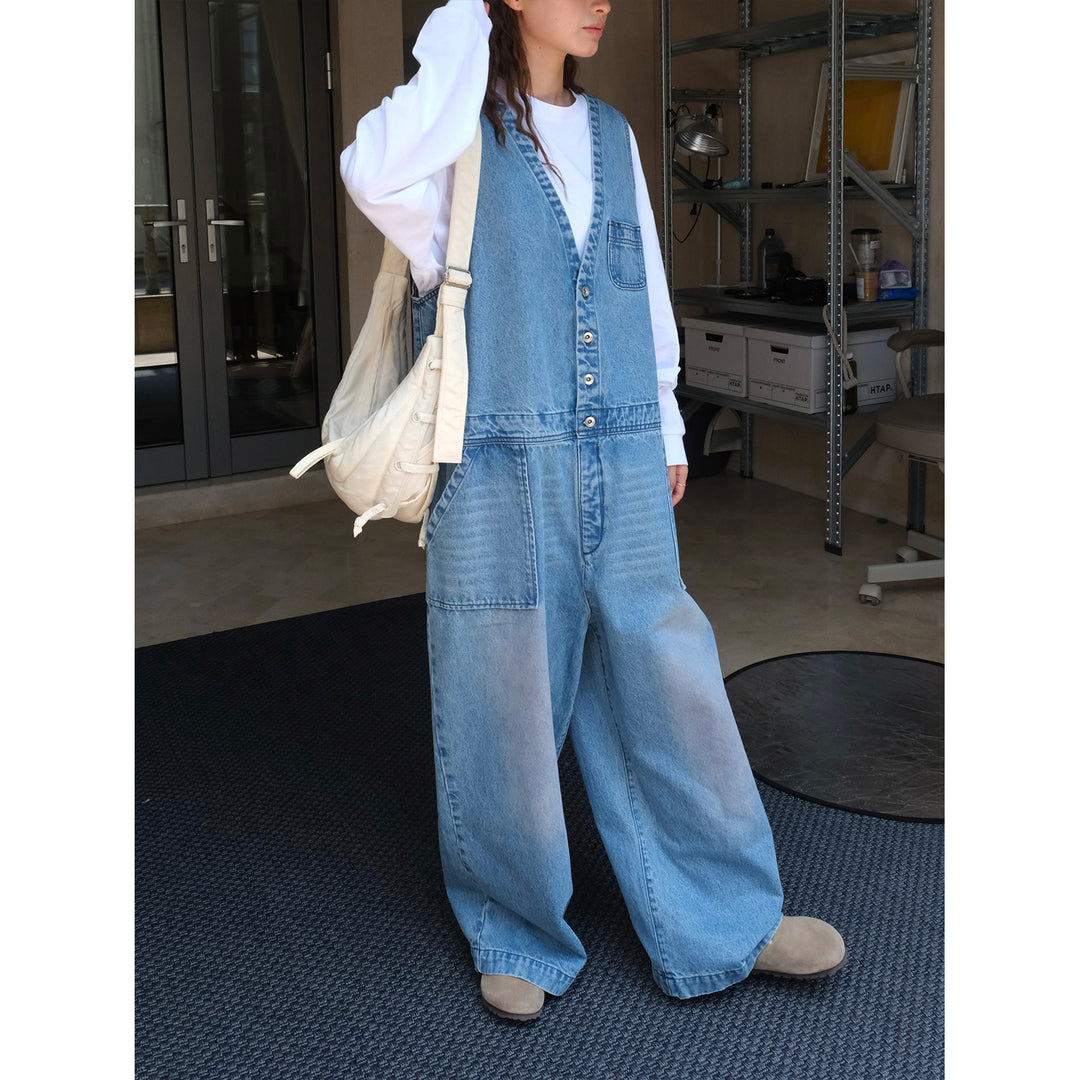 Women's Loose Denim Overalls in Baggy Style with Deep V-Neck and Button Placket Mune Fashion