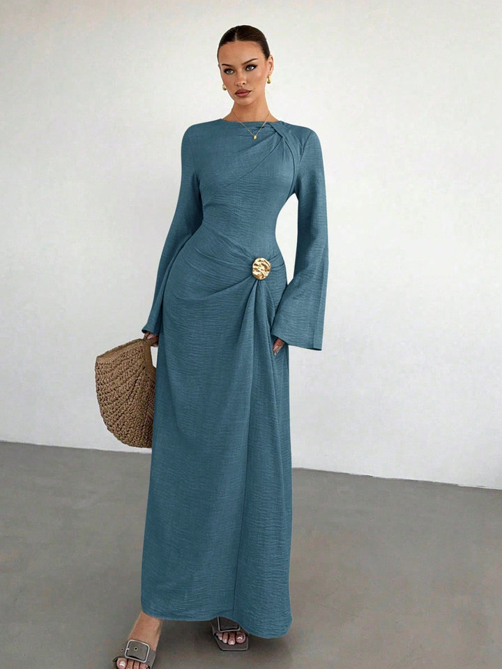Ladies max dress with draping, decorative brooch and wide trumpet sleeves Mune Fashion