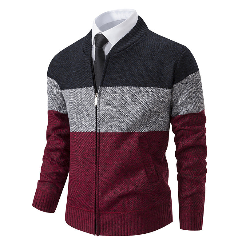 Men's Structured Block Stripe Cardigan with Front Zip, Stand Collar and Patch Pockets Mune Fashion