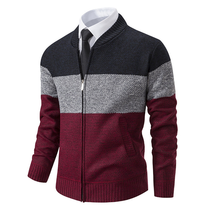 Men's Structured Block Stripe Cardigan with Front Zip, Stand Collar and Patch Pockets Mune Fashion