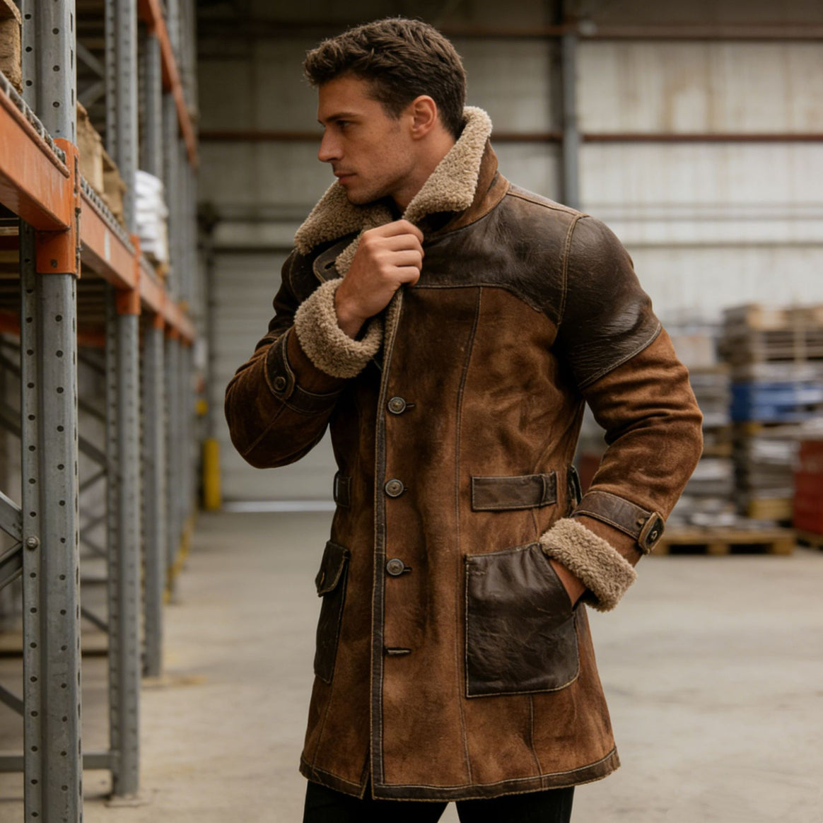 Men's Long Shearling Coat made of Suede with Leather Trim Mune Fashion