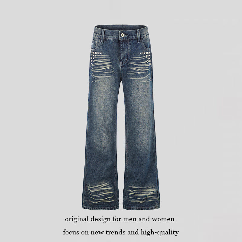 Women Wide High-Waist Distressed Jeans in Palazzo Style with Studded Detailing Mune Fashion