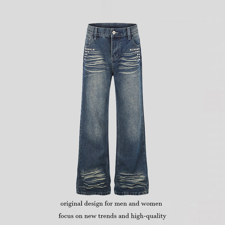 Women Wide High-Waist Distressed Jeans in Palazzo Style with Studded Detailing Mune Fashion
