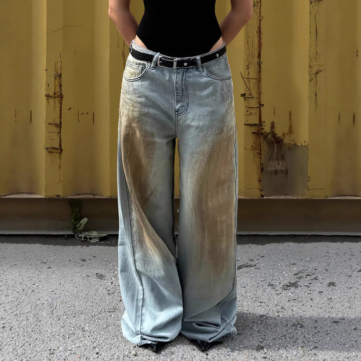 Women's Extra Wide Jeans Pants with Low Waist, Wide Flare and Used Wash Mune Fashion