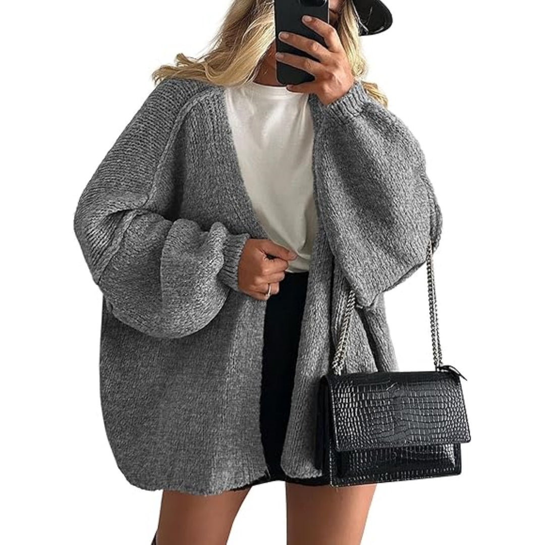 Women's Oversized Knit Cardigan with Balloon Sleeves and Open Front Mune Fashion