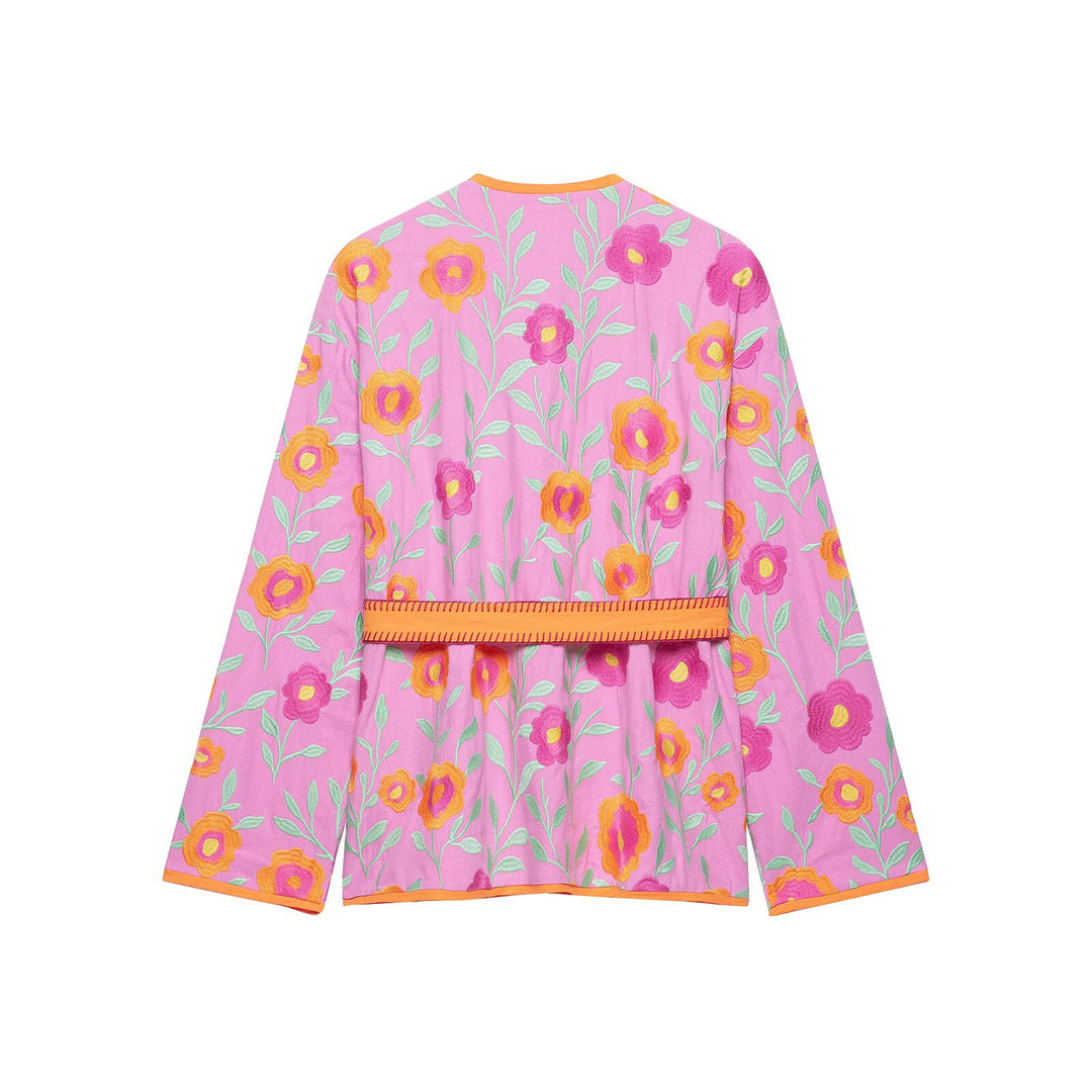 Women's Embroidered Kimono Blouson with Waist Belt and Floral Embroidery Drune