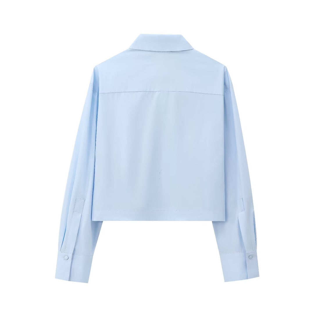 Women's Cropped Shirt with Crystal Decoration and Oversized Collar Mune Fashion