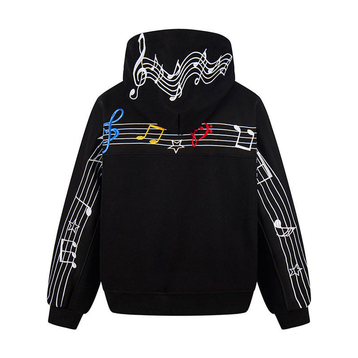 Women's Oversized Hoodie with Musical Notes Embroidery and Ribbed Hem Mune Fashion