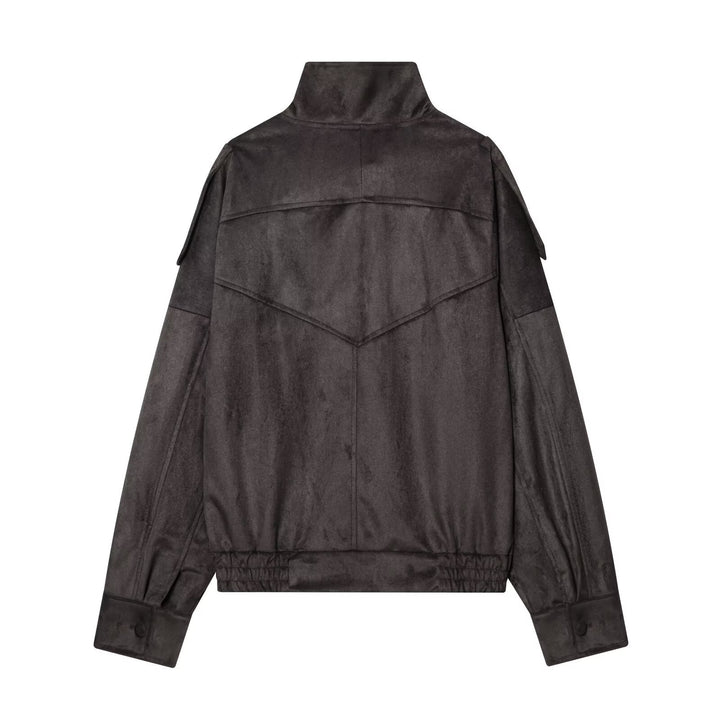 Ladies Short Velvet-Look Bomber Jacket with High Stand-Up Collar and Asymmetrical Button Placket Mune Fashion