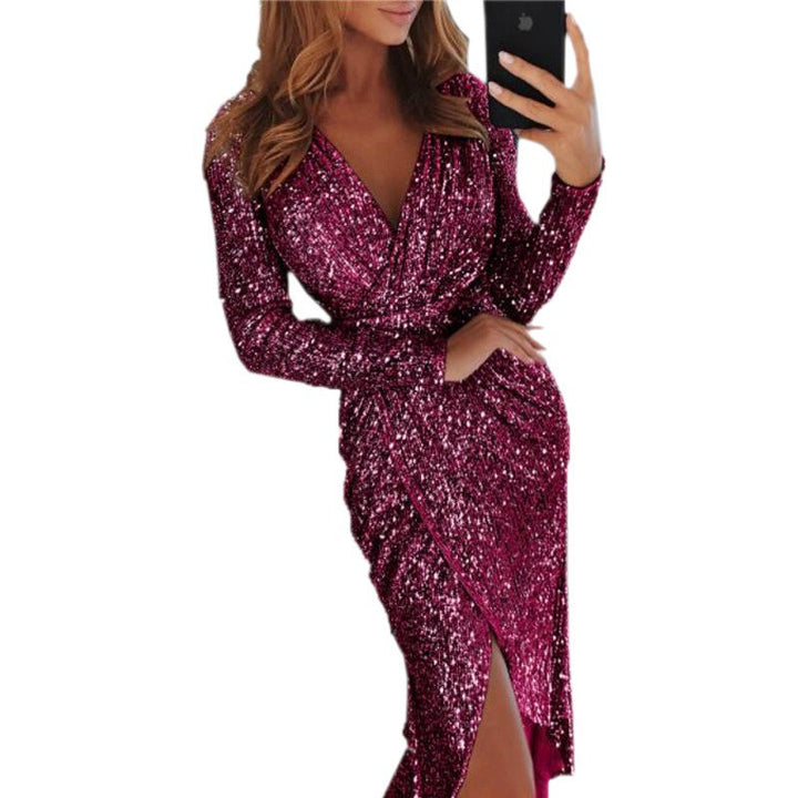 Women shimmering wrap midi dress with V-neck long sleeves side leg slit Mune Fashion